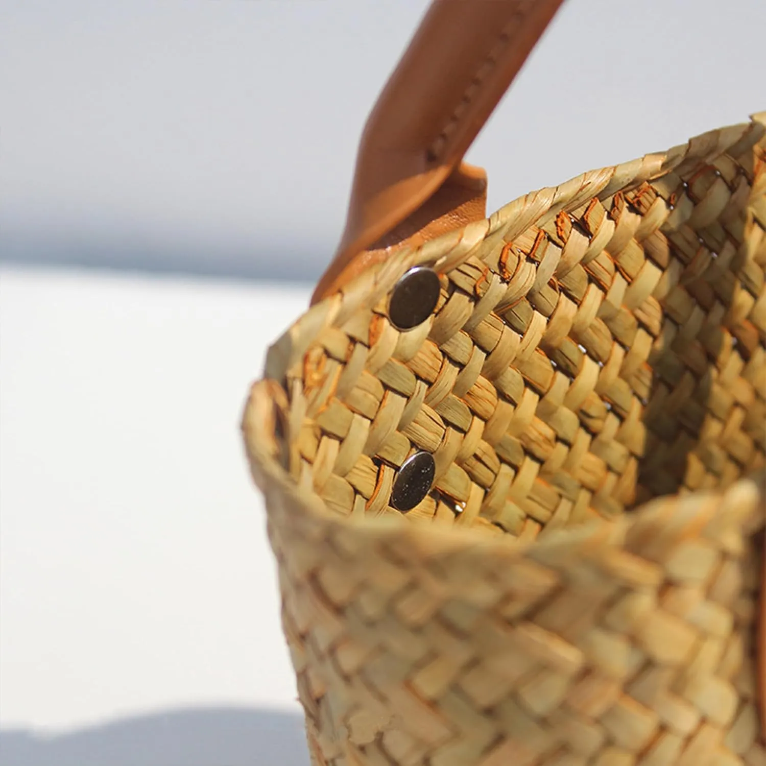 Straw Basket Tote Bag Bulk Handmade Straw Beach Bags PU leather with Hollow Woven Top Handle Straw Handbag
