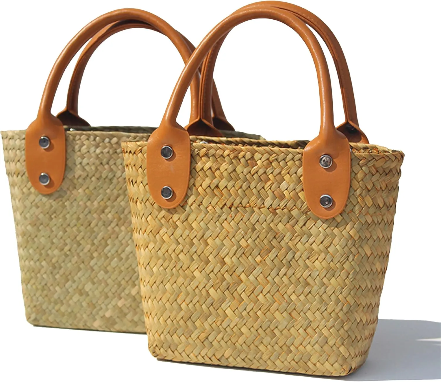 Straw Basket Tote Bag Bulk Handmade Straw Beach Bags PU leather with Hollow Woven Top Handle Straw Handbag