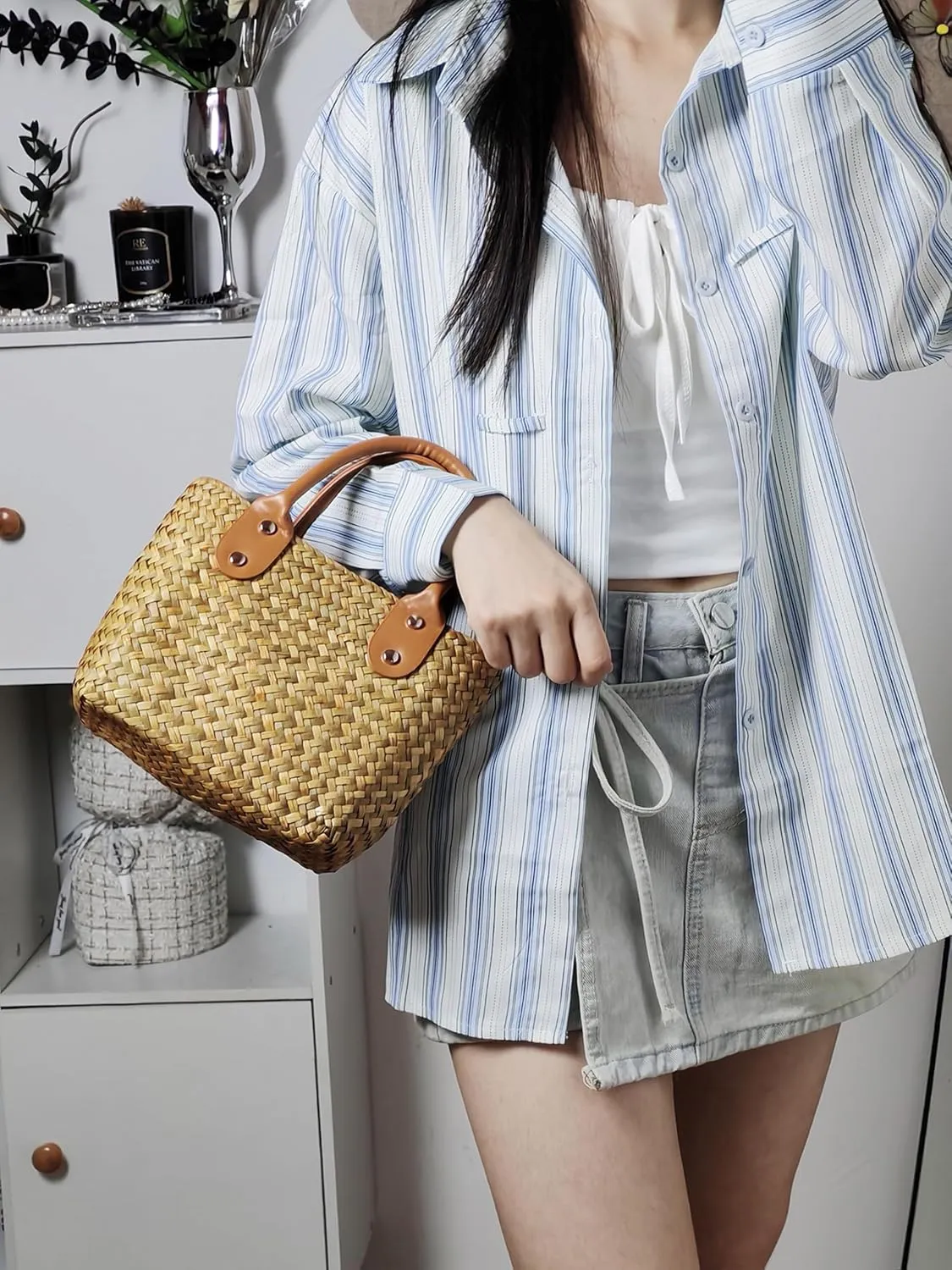 Straw Basket Tote Bag Bulk Handmade Straw Beach Bags PU leather with Hollow Woven Top Handle Straw Handbag