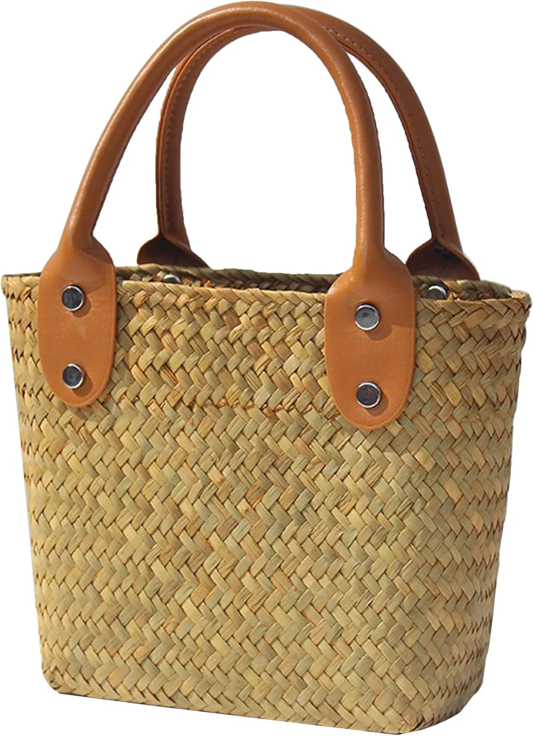 Straw Basket Tote Bag Bulk Handmade Straw Beach Bags PU leather with Hollow Woven Top Handle Straw Handbag