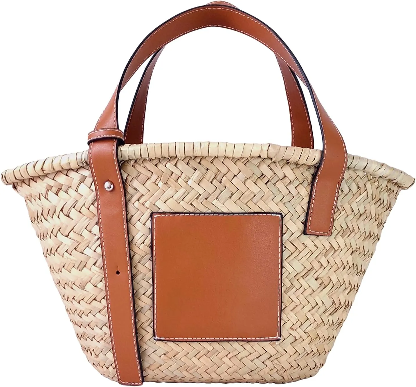 Straw Basket Tote Bag for Women PU Leather Strap Hollow Woven Top Handle Straw Purses and Handbags