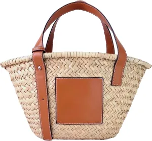 Straw Basket Tote Bag for Women PU Leather Strap Hollow Woven Top Handle Straw Purses and Handbags