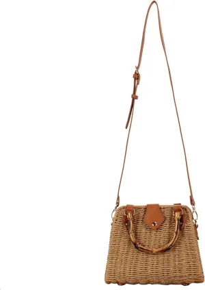 Straw Beach Bag Crossbody Handbag for Women Handmade Woven Shoulder Bag Top Handle Purse for Summer