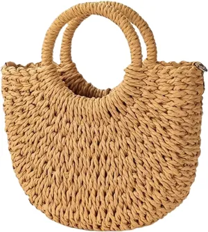 Straw Beach Bag for Women, Summer Handwoven Tote Bags Purse with Tassel,Top Handle Straw Handbag Clutch with Adjustable Vegan Leather Strap