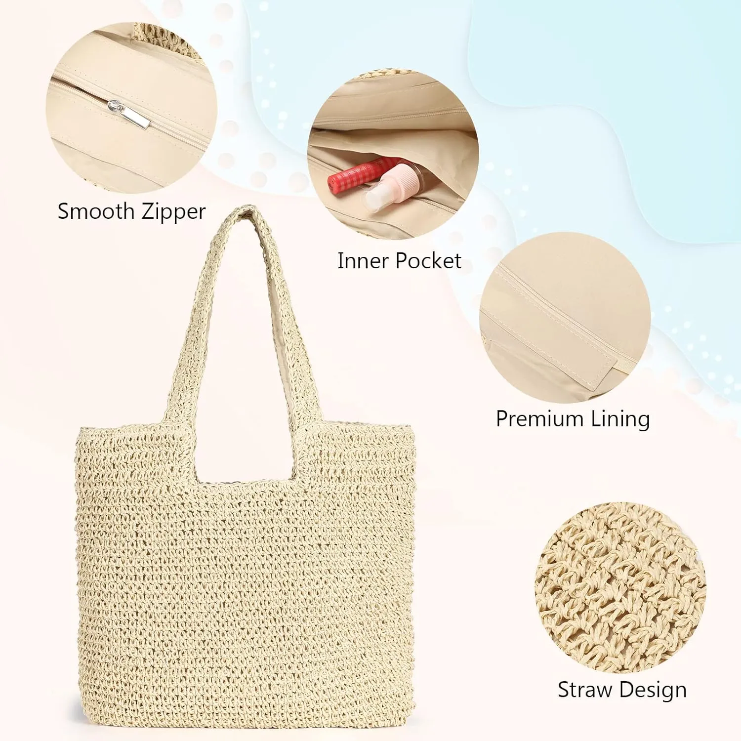 Straw Beach Bag, Women Tote Bag Woven Shoulder Bag, Handmade Large Summer Handbag Hobo Bag for Beach Picnic Vacation