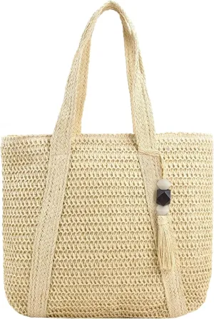 Straw Beach Bags for Women Summer Woven Tote Bag with Zipper Shoulder Handbag Boho Straw Purse Large Beach Bag