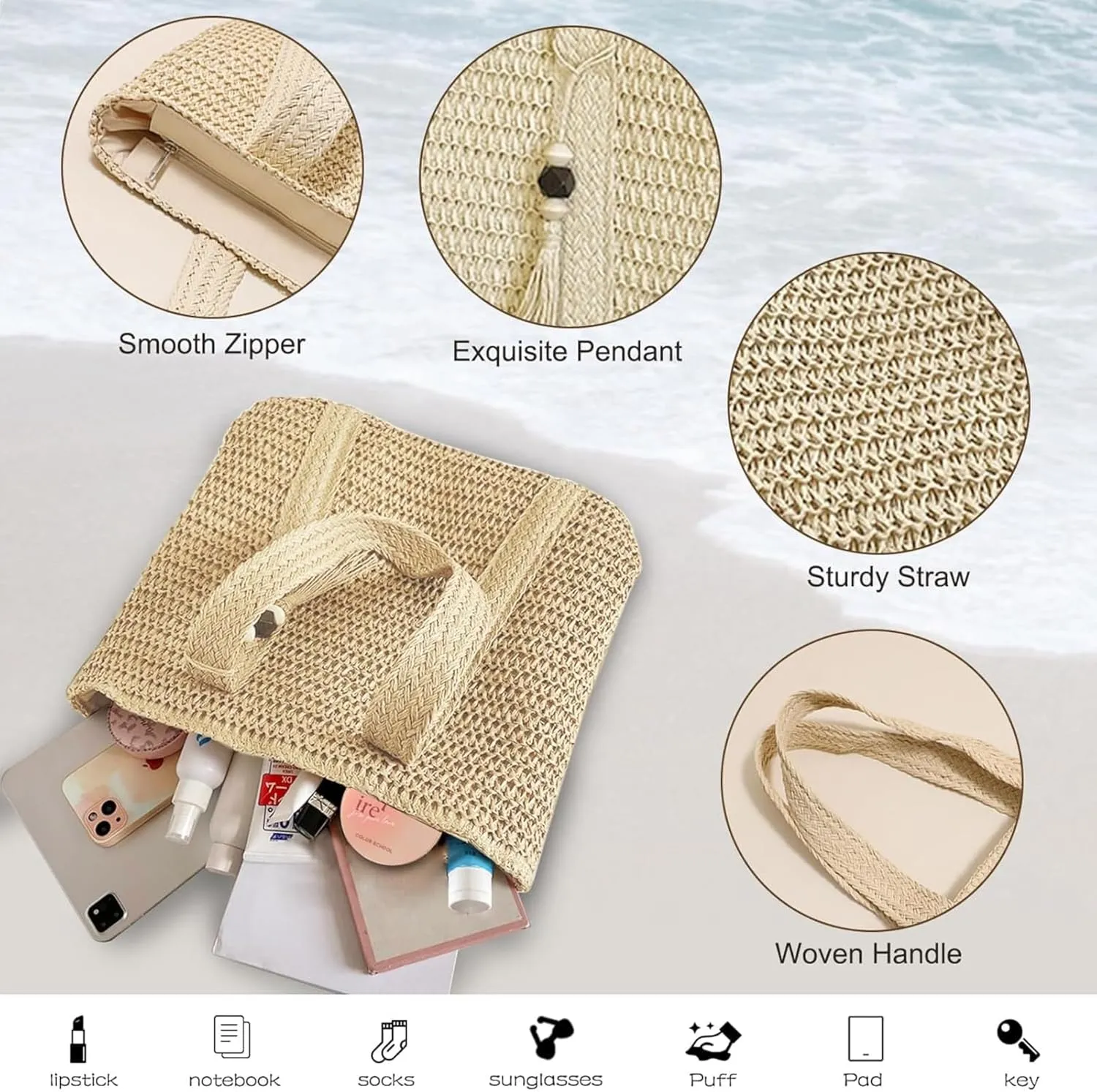 Straw Beach Bags for Women Summer Woven Tote Bag with Zipper Shoulder Handbag Boho Straw Purse Large Beach Bag