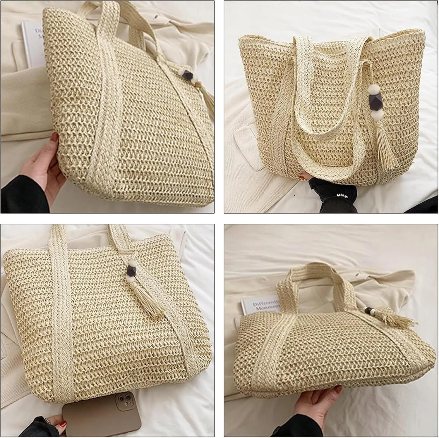 Straw Beach Bags for Women Summer Woven Tote Bag with Zipper Shoulder Handbag Boho Straw Purse Large Beach Bag