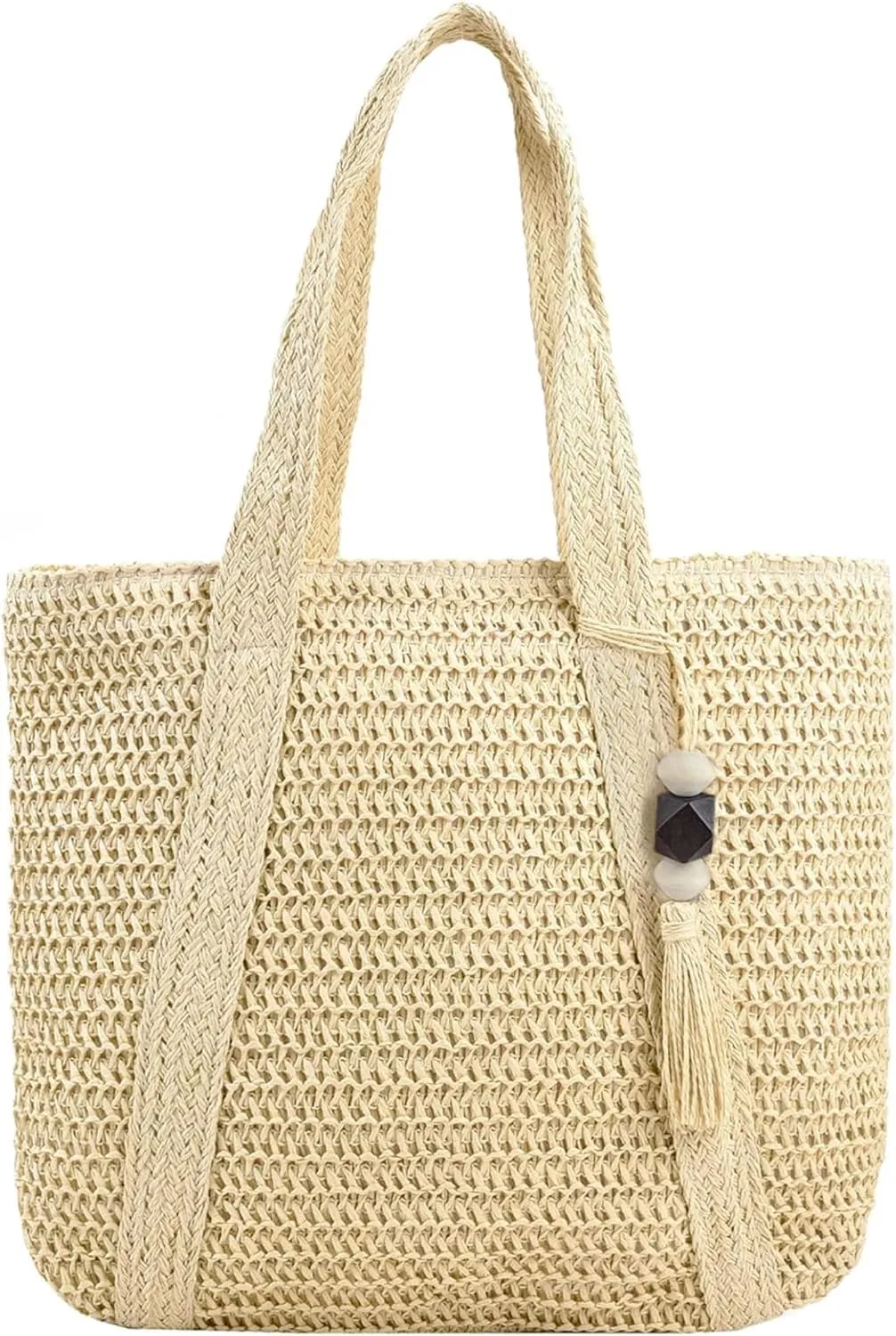 Straw Beach Bags for Women Summer Woven Tote Bag with Zipper Shoulder Handbag Boho Straw Purse Large Beach Bag