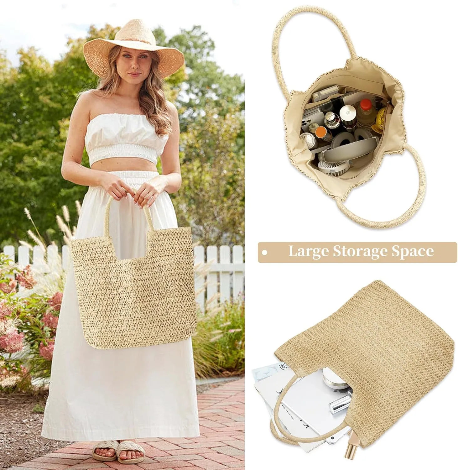 Straw Beach Bags for Women Woven Tote Bag Shoulder Handbags Summer Raffia Straw Purse Large Beach Bag for Vacation