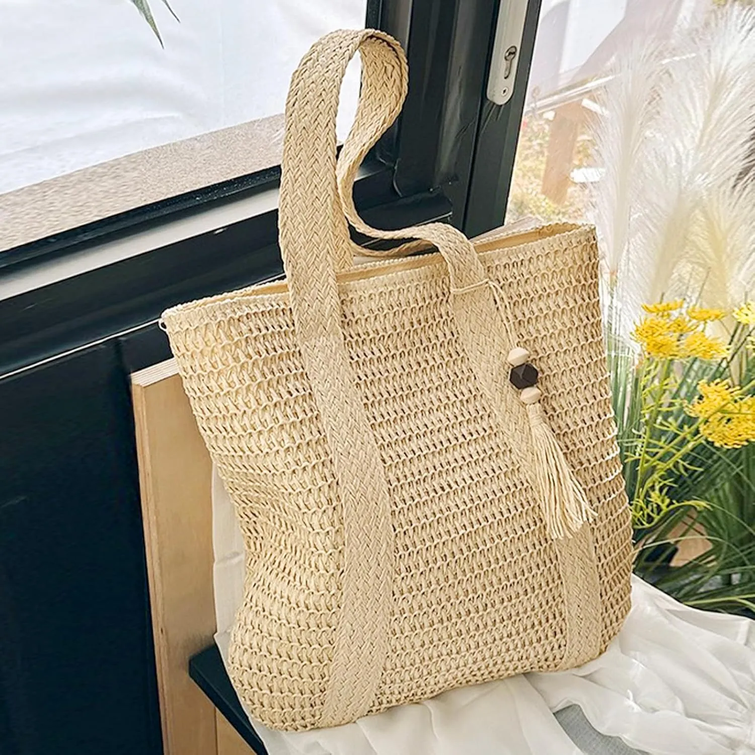 Straw Beach Bags for Women Woven Tote Bag Shoulder Handbags Summer Raffia Straw Purse Large Beach Bag for Vacation