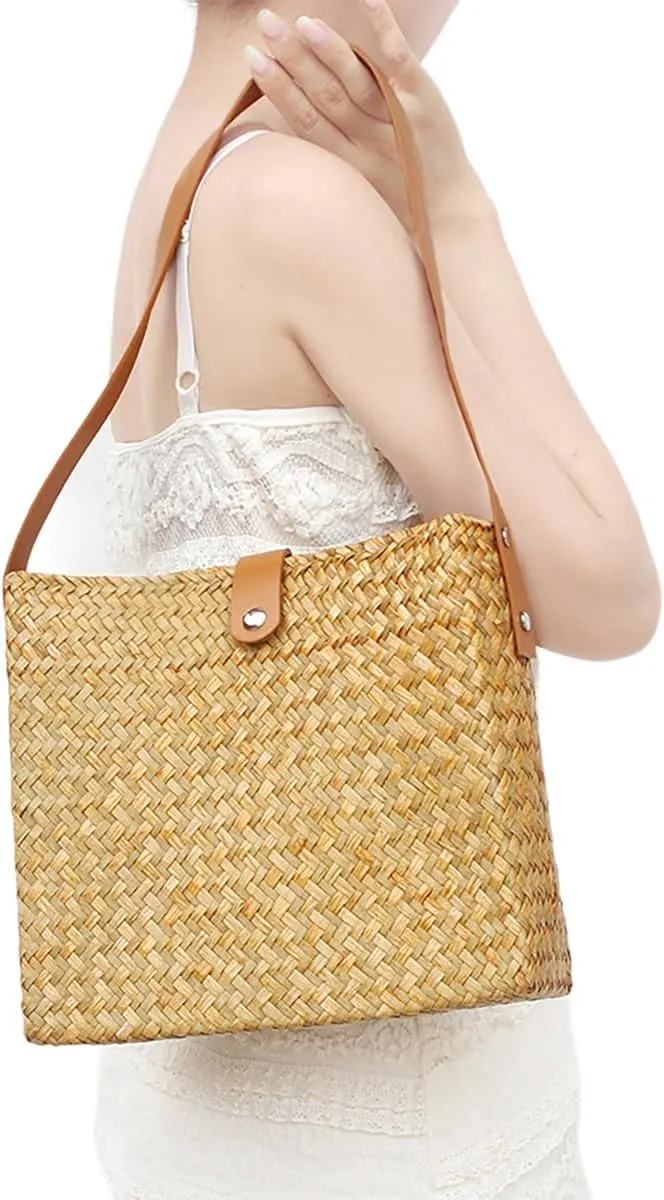 Straw Beach Tote Bag Clutch Straw Shoulder Bag for Women, Natural Woven Handbag No Lining Summer Purse for Vacation