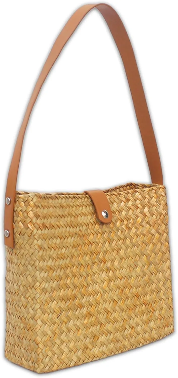 Straw Beach Tote Bag Clutch Straw Shoulder Bag for Women, Natural Woven Handbag No Lining Summer Purse for Vacation