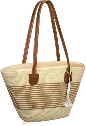 Straw Beach Tote Bag for Women, Large Woven Purse with Zipper for Summer Travel, Beach Vacation Shoulder Bag