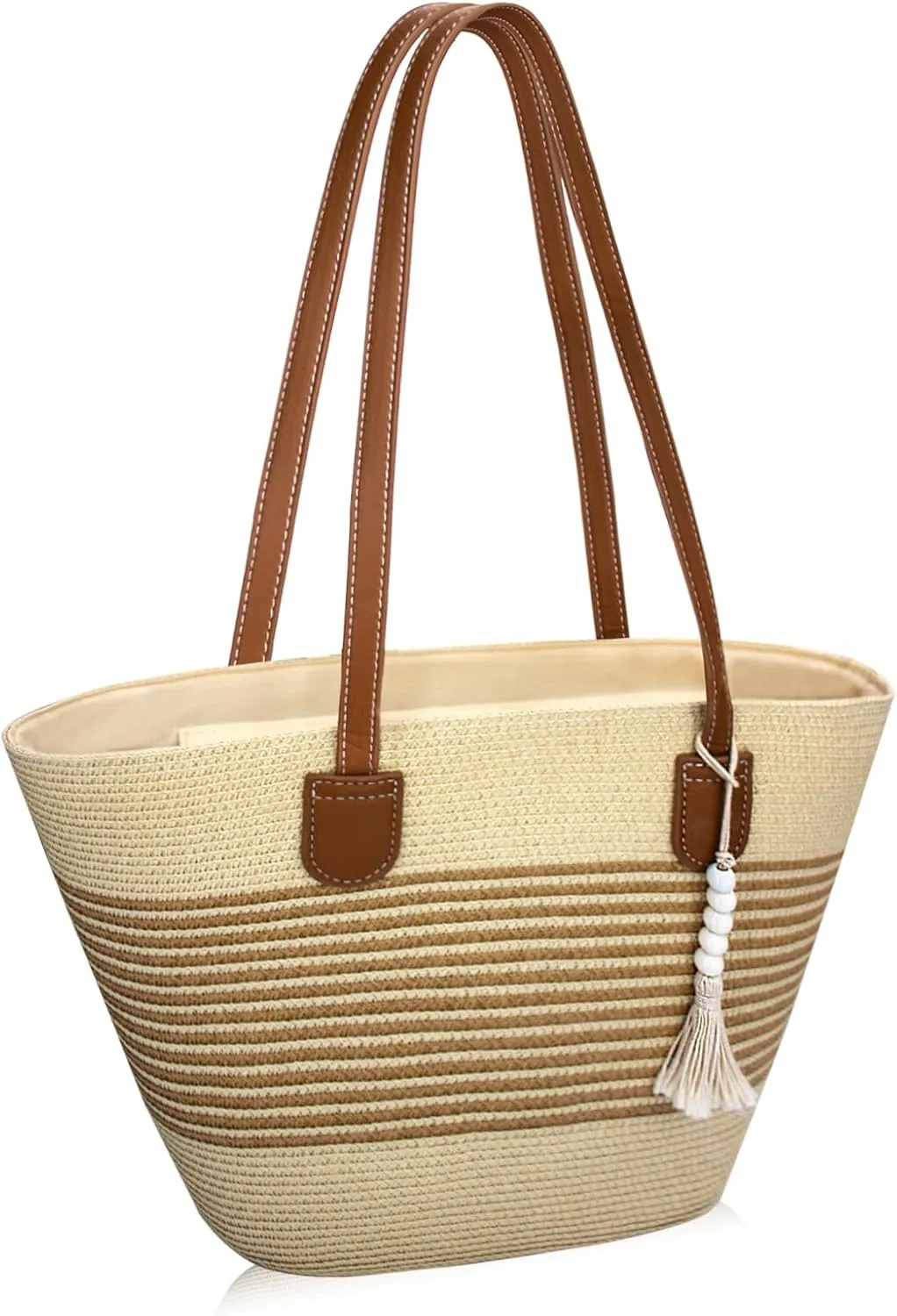 Straw Beach Tote Bag for Women, Large Woven Purse with Zipper for Summer Travel, Beach Vacation Shoulder Bag