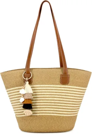 Straw Beach Tote Bag with Tassel Hat Clip for Travel, Large Lightweight Raffia Summer Hobo Shoulder Bag for Women