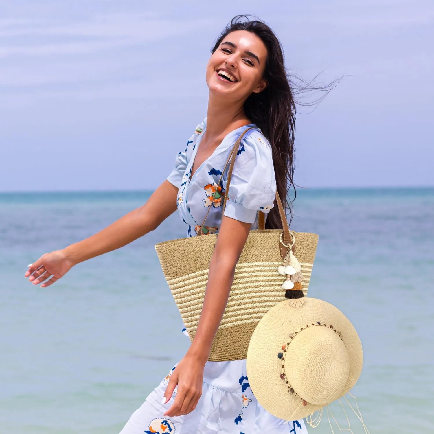 Straw Beach Tote Bag with Tassel Hat Clip for Travel, Large Lightweight Raffia Summer Hobo Shoulder Bag for Women
