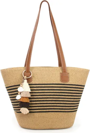 Straw Beach Tote Bag with Tassel Hat Clip for Travel, Large Lightweight Raffia Summer Hobo Shoulder Bag for Women