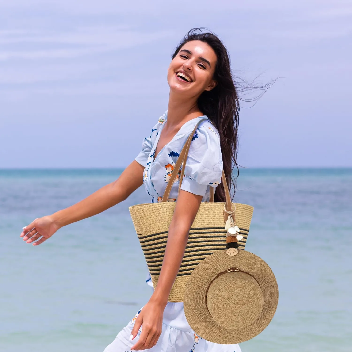 Straw Beach Tote Bag with Tassel Hat Clip for Travel, Large Lightweight Raffia Summer Hobo Shoulder Bag for Women
