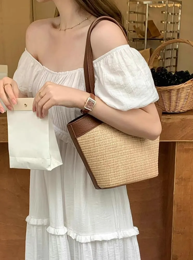 Straw Beach Tote for Women - French Retro Shoulder Bag, Summer Woven Tote, Travel Bag