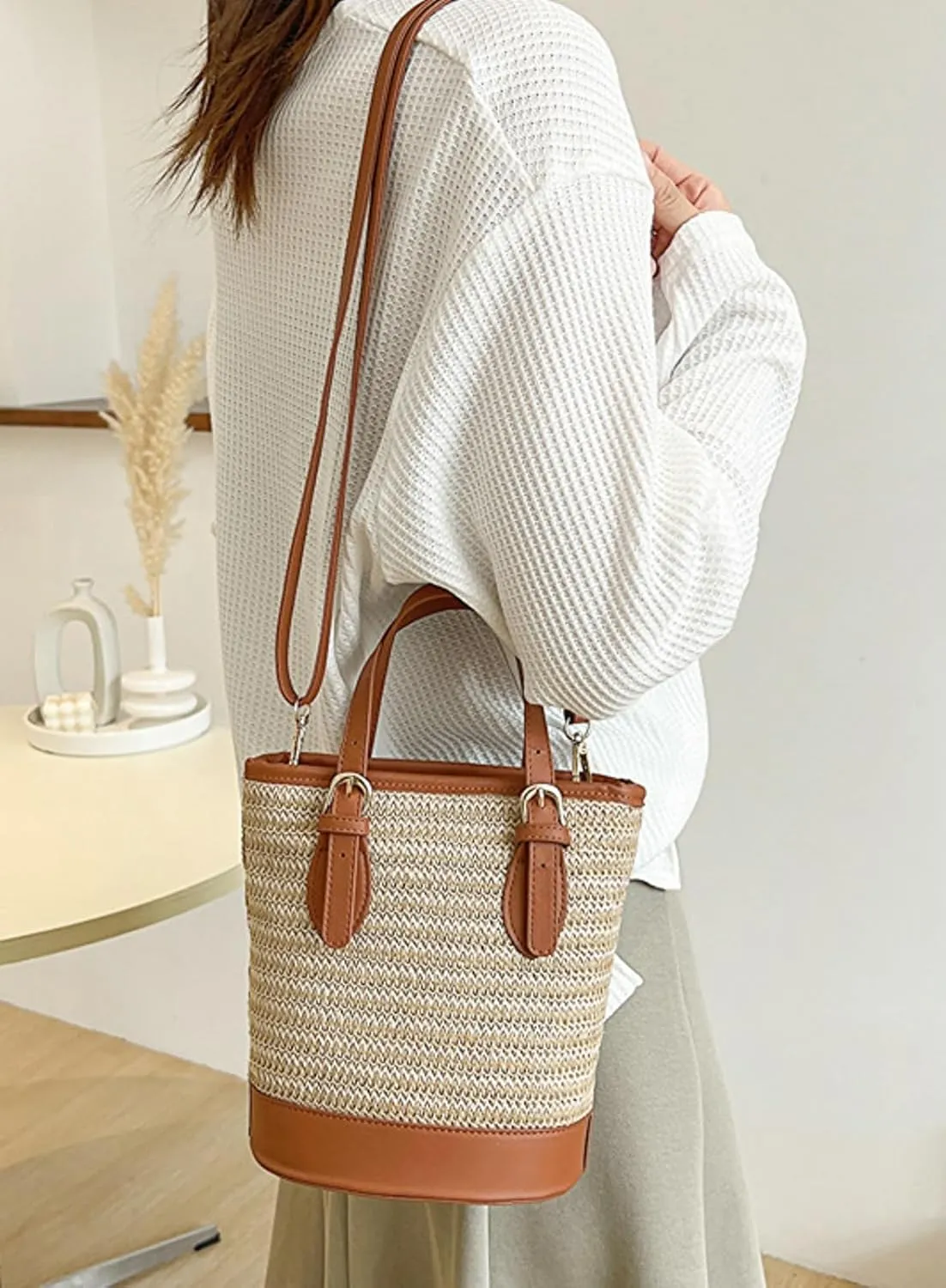 Straw Bucket Bag Women 2025 Summer Cross Body Handbag Woven Top Handle Crochet Purse Cute Shoulder Beach Travel Vacation