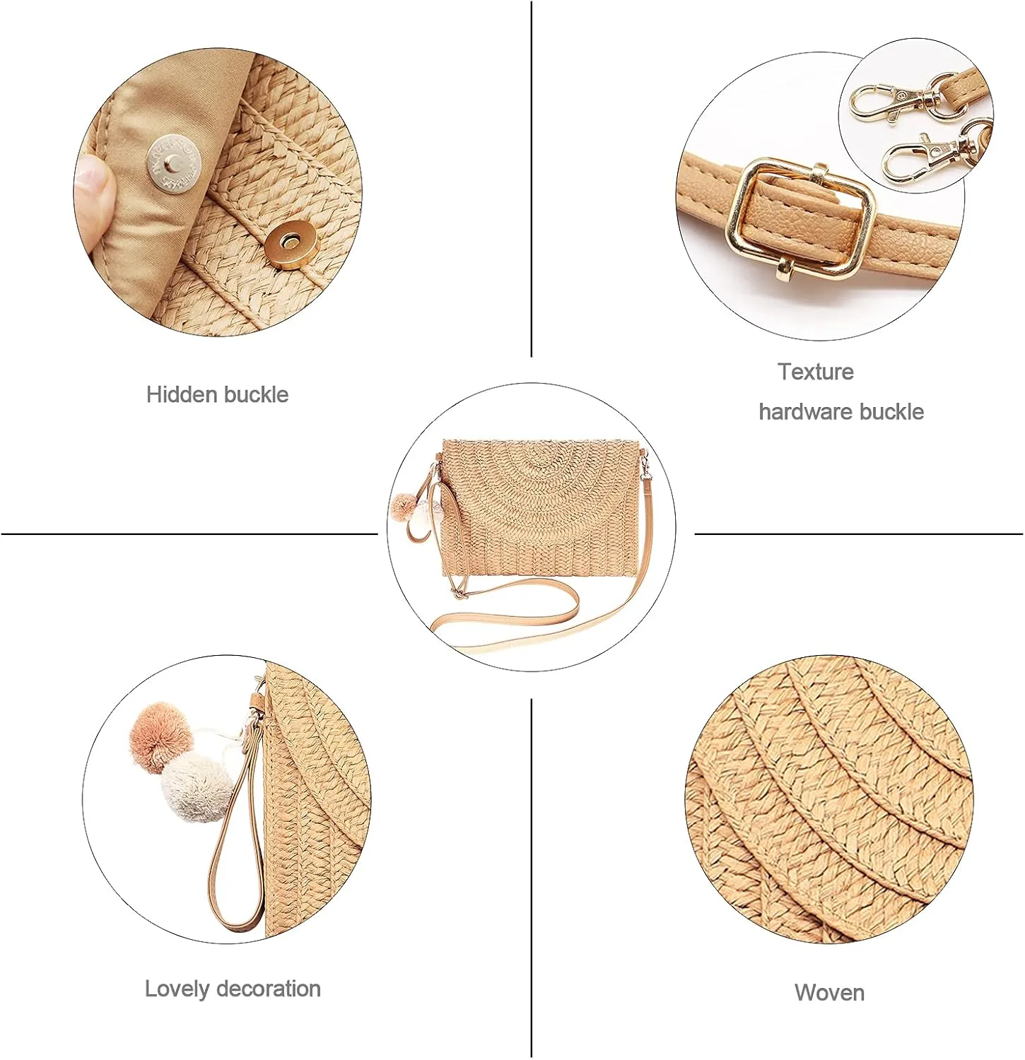 Straw Clutch Bag Woven Purse for Women Shoulder Bag Casual Beach Rattan Handmade Wallet