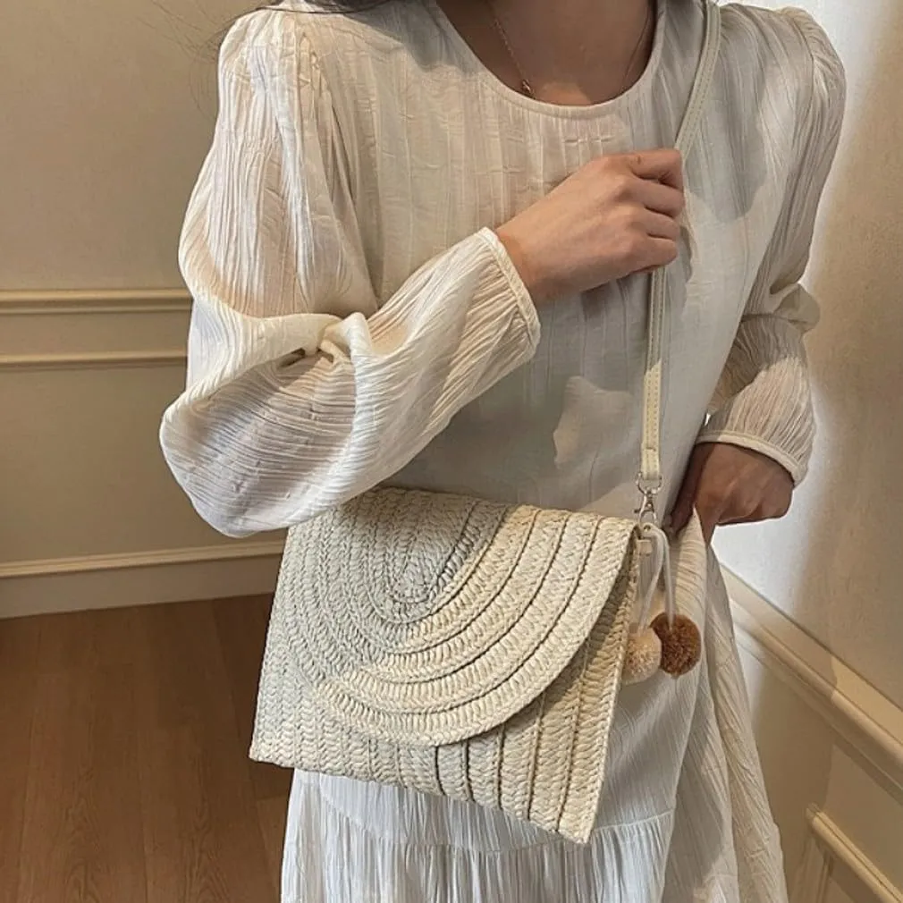 Straw Clutch Handbag Summer Beach Straw Purse for Women Woven Envelope Shoulder Bag Beach Crossbody Wallet PomPom