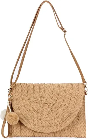 Straw Clutch Handbag Summer Beach Straw Purse for Women Woven Envelope Shoulder Bag Beach Crossbody Wallet PomPom