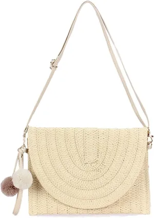 Straw Clutch Handbag Summer Beach Straw Purse for Women Woven Envelope Shoulder Bag Beach Crossbody Wallet PomPom