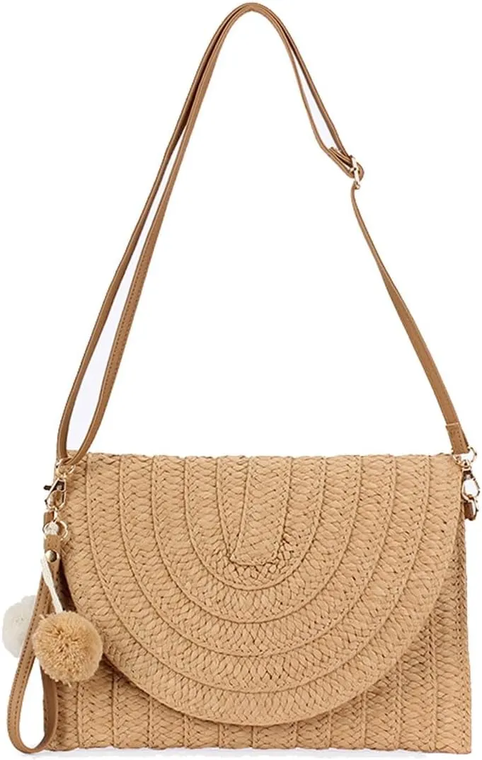 Straw Clutch Handbag Summer Beach Straw Purse for Women Woven Envelope Shoulder Bag Beach Crossbody Wallet PomPom