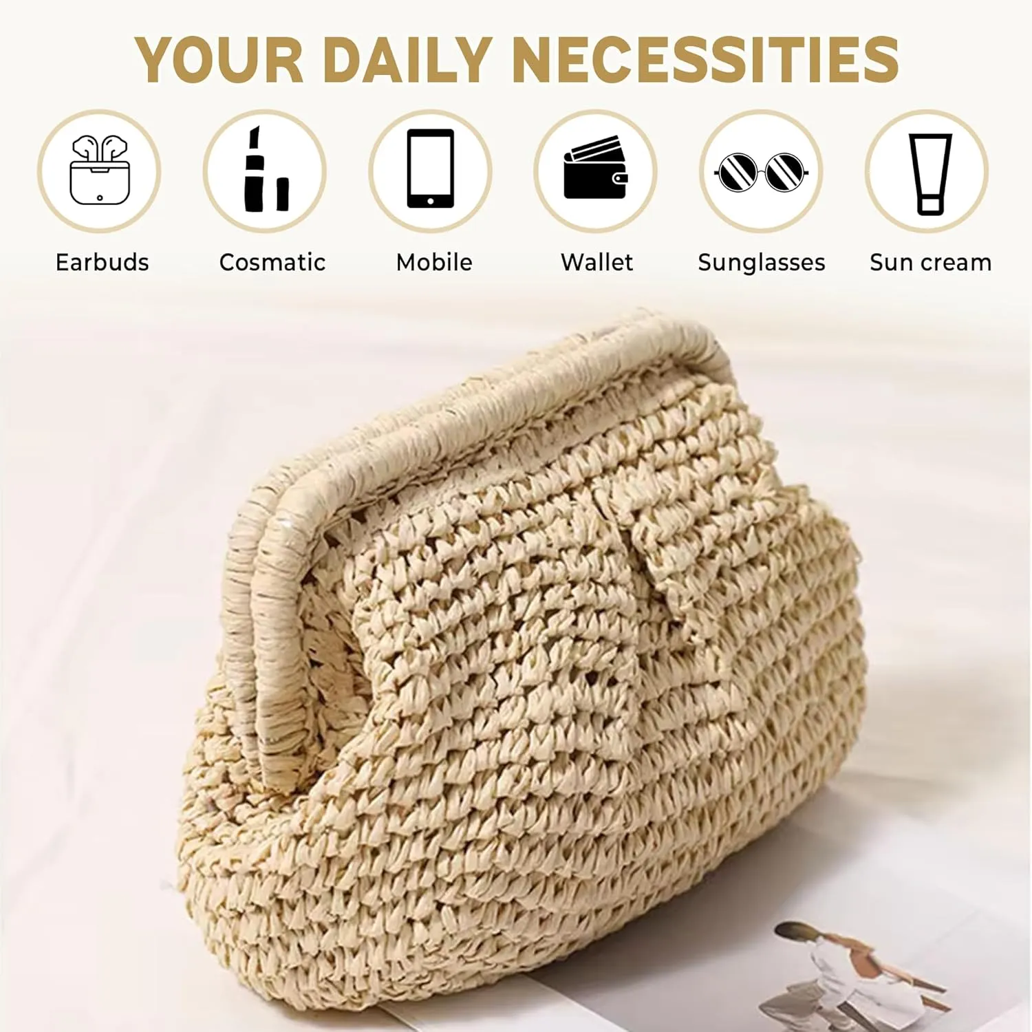 Straw Clutch Purse for Women Unique Cloud Dumpling Shaped Woven Bag Summer Beach Crossbody Handbag with Detachable Chain