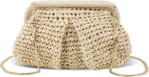 Straw Clutch Purse for Women Unique Cloud Dumpling Shaped Woven Bag Summer Beach Crossbody Handbag with Detachable Chain