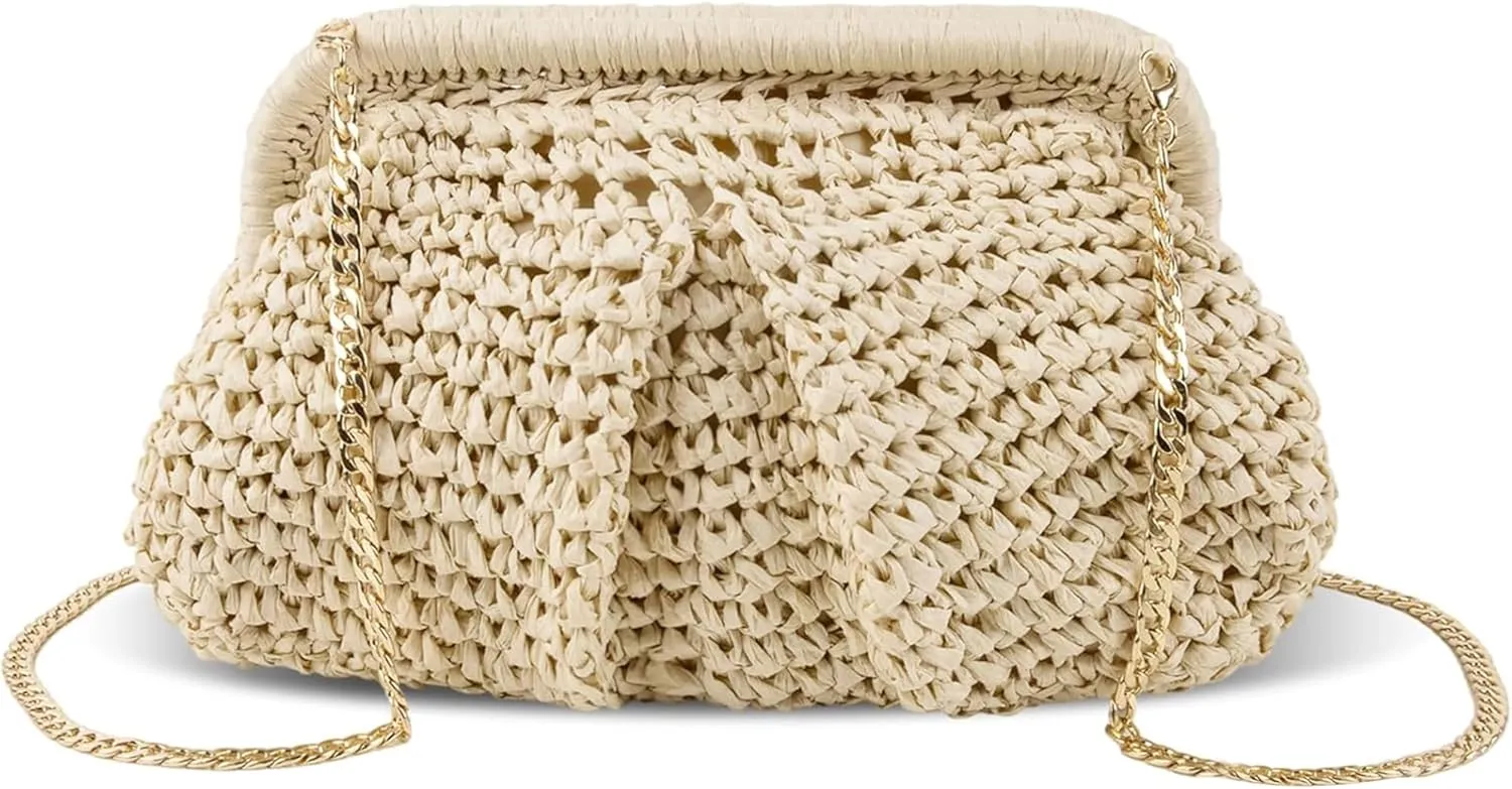 Straw Clutch Purse for Women Unique Cloud Dumpling Shaped Woven Bag Summer Beach Crossbody Handbag with Detachable Chain
