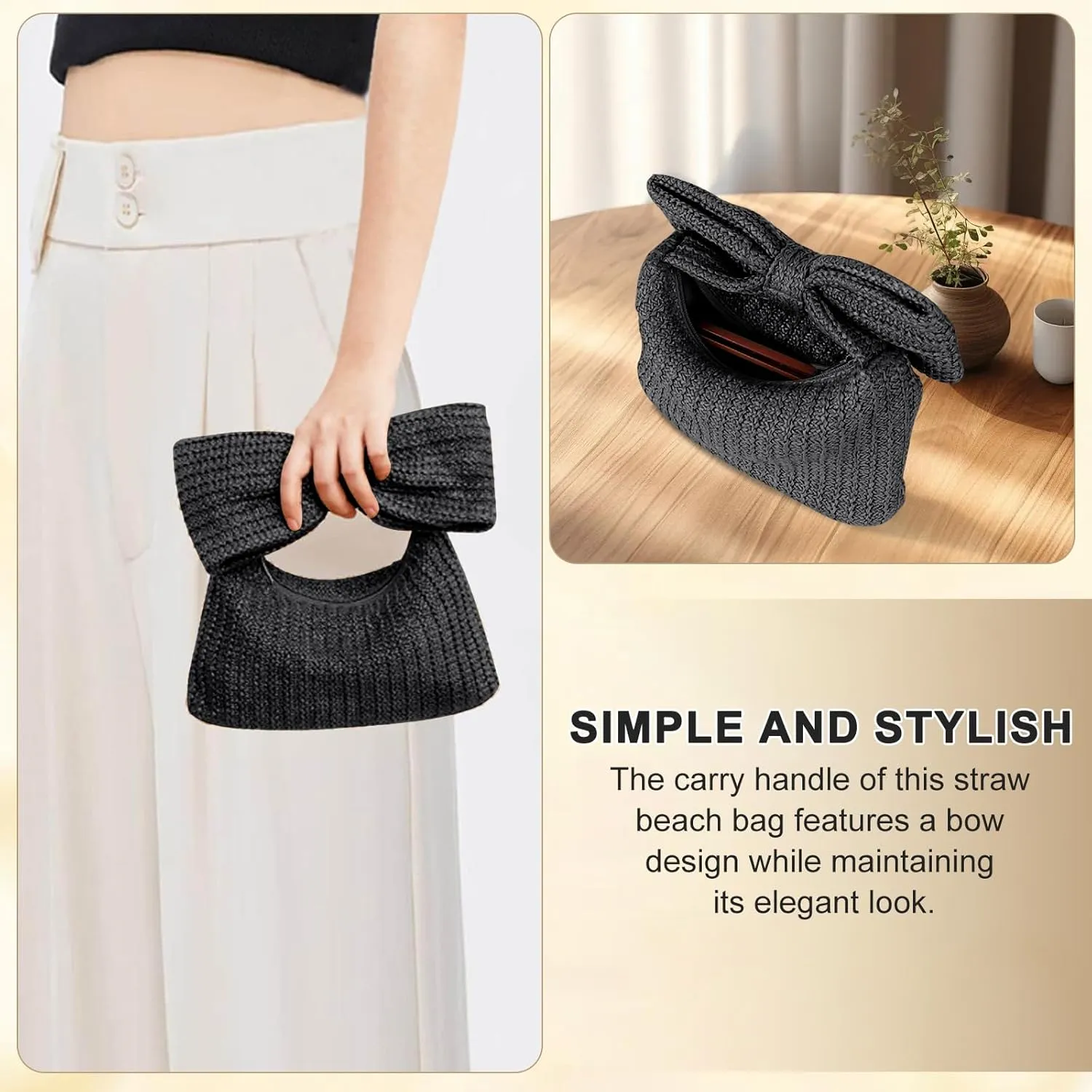 Straw Clutch Purse with Bow – Woven Raffia Handbag for Women – Summer Wedding Beach Bag
