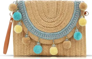 Straw Clutch Purses, Crossbody Bags for Women, Blue Hairball Clashing Pendant Envelope Package, Bohemian Handbags, Shoulder bag Suitable for Beach, Travel, Daily Matching