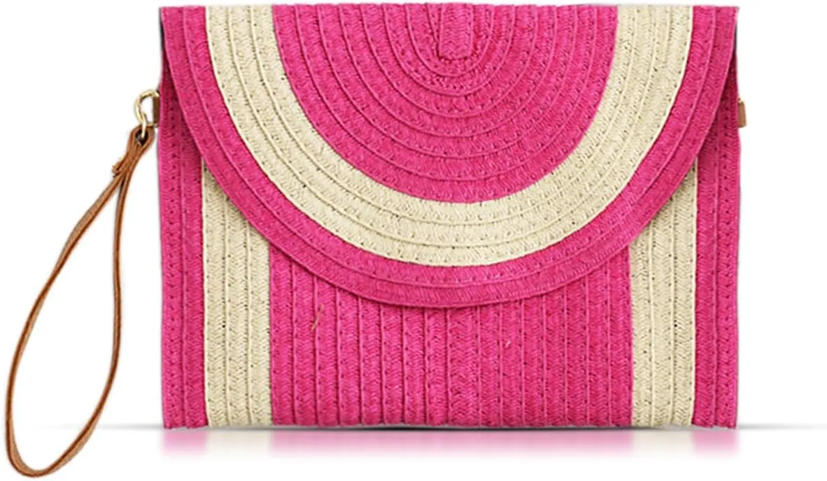 Straw Clutch Purses for Women, Crossbody Bags, Hot Pink Purse Bohemian Handmade Envelope Package, Leather Wristbands, Summer Beach Handbags Suitable for Vacation Travel Daily Matching