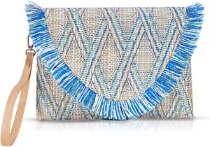 Straw Clutch Purses, Straw Beach Bag for Women, Bohemian Handmade Woven Handbags, Tassels Summer Beach Bag Vacation, Travel（Blue）