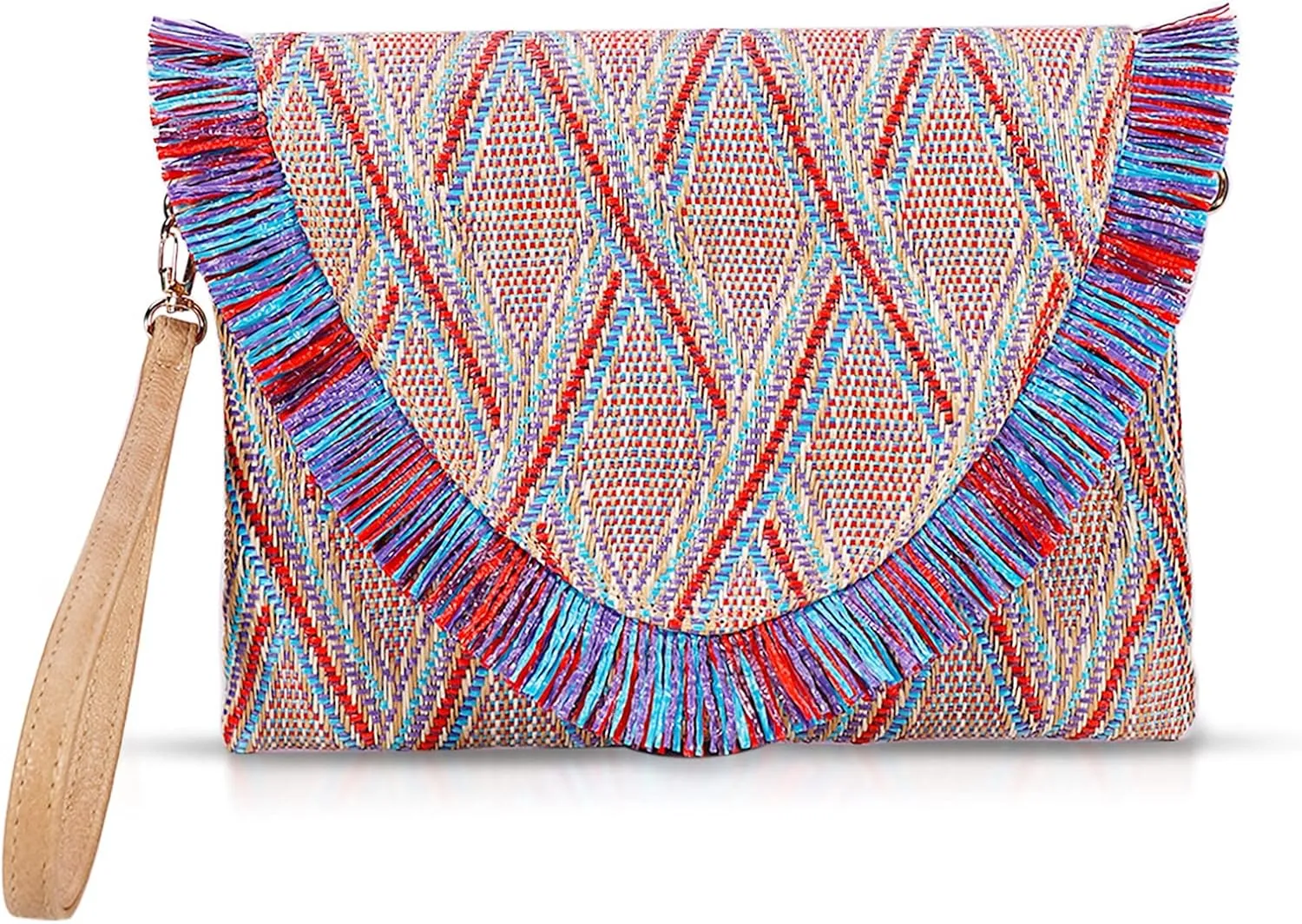 Straw Clutch Purses, Straw Beach Bag for Women, Bohemian Handmade Woven Handbags, Tassels Summer Beach Bag Vacation, Travel（Red）