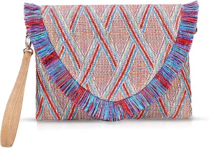 Straw Clutch Purses, Straw Beach Bag for Women, Bohemian Handmade Woven Handbags, Tassels Summer Beach Bag Vacation, Travel（Red）
