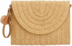 Straw Clutch Straw Shoulder Bag for Women, Beach Handmade Straw Crossbody Bag Summer Straw Purses with PomPom for Women