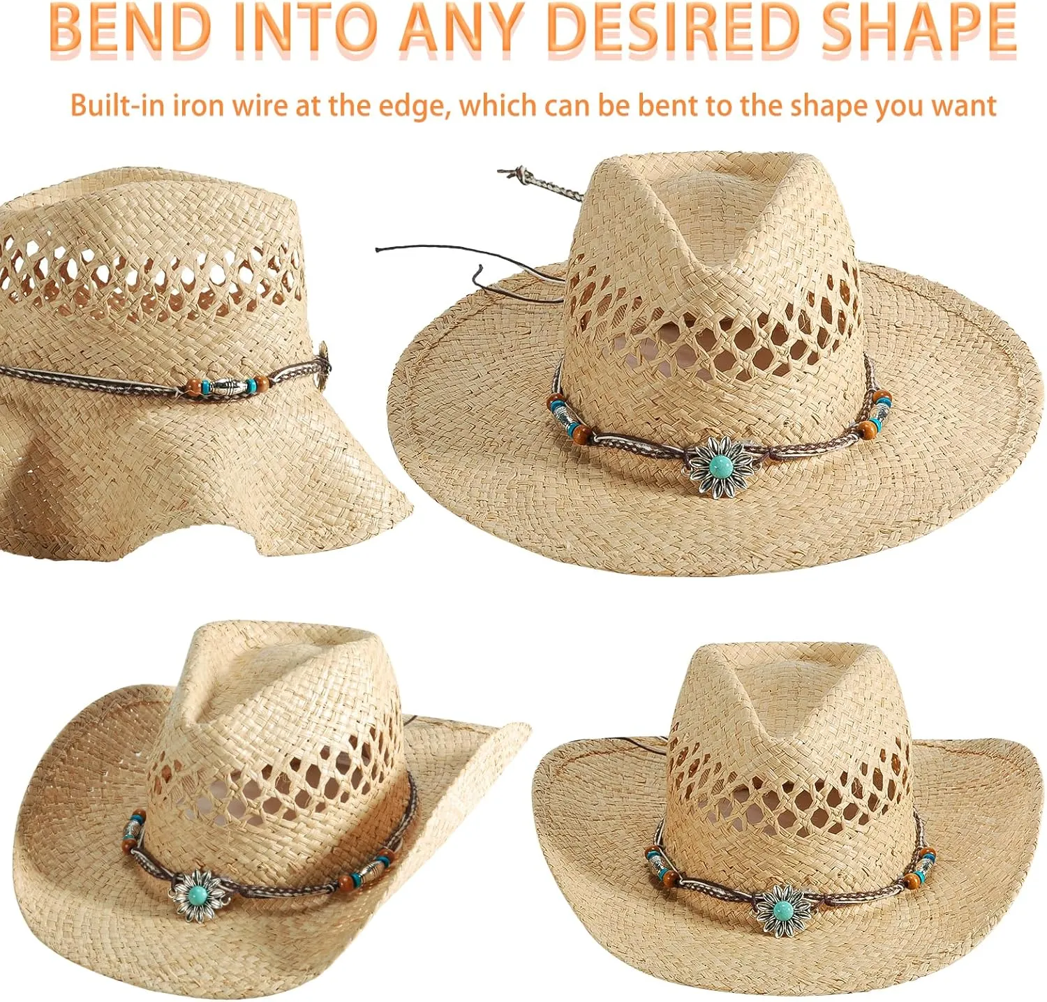 Straw Cowboy Cowgirl Hats for Women Men Summer Beach Sun Hat Panama Wide Brim Western Hat