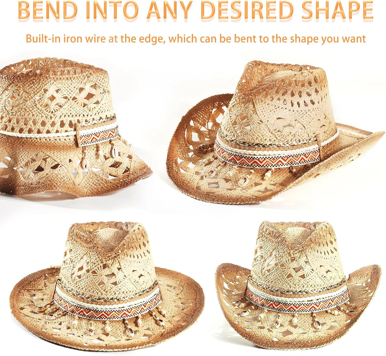 Straw Cowboy Cowgirl Hats for Women Men Summer Beach Sun Hat Panama Wide Brim Western Hat