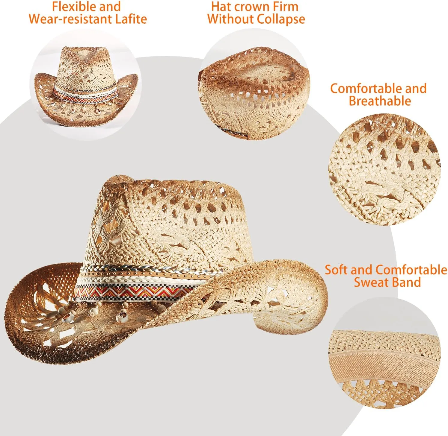 Straw Cowboy Cowgirl Hats for Women Men Summer Beach Sun Hat Panama Wide Brim Western Hat
