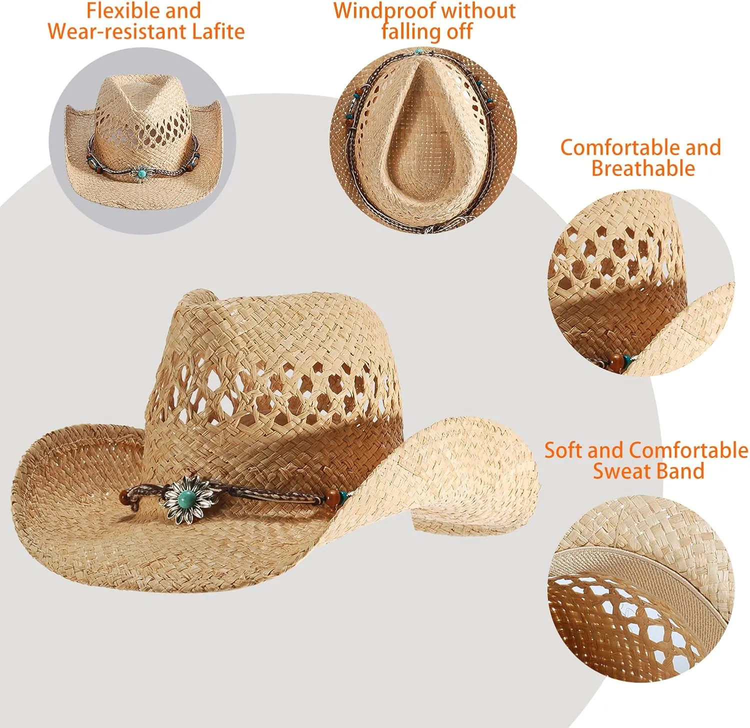 Straw Cowboy Cowgirl Hats for Women Men Summer Beach Sun Hat Panama Wide Brim Western Hat