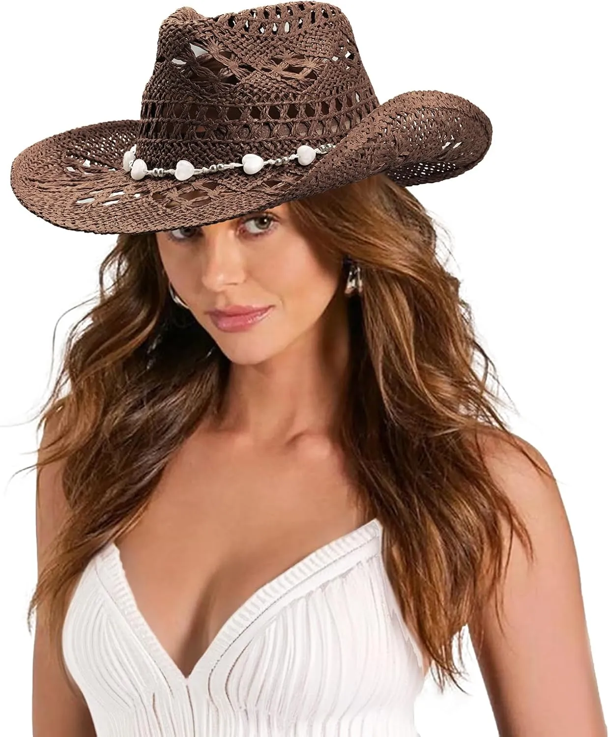 Straw Cowboy Hats for Women Men Western Cowgirl Hats with Shapeable Brim Woven Hollow Out Unisex Beach Roll Up Caps