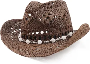 Straw Cowboy Hats for Women Men Western Cowgirl Hats with Shapeable Brim Woven Hollow Out Unisex Beach Roll Up Caps