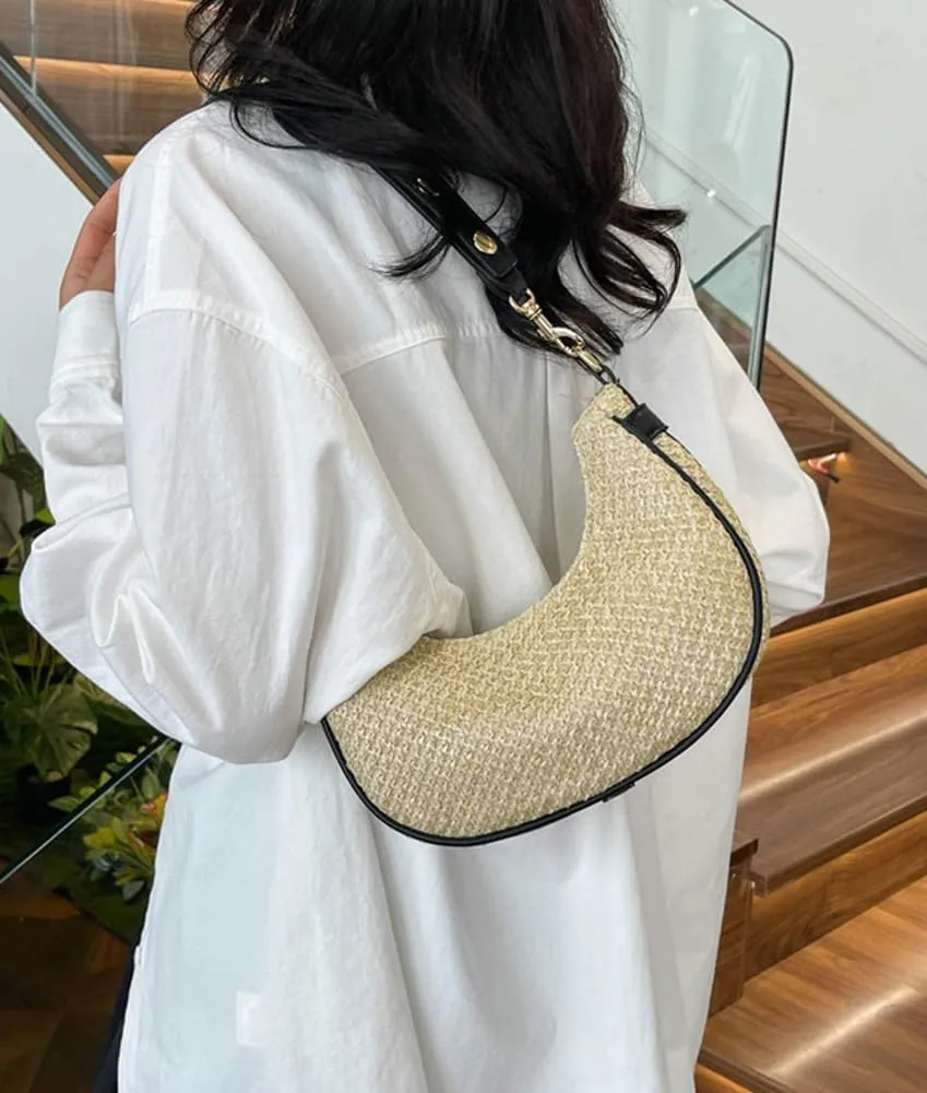 Straw Crescent Bag for Women Rainbow Underarm Purse Woven Shoulder Bag Retro Tote Handbag Top-Handle Purse for College Travel