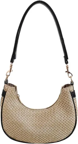 Straw Crescent Bag for Women Rainbow Underarm Purse Woven Shoulder Bag Retro Tote Handbag Top-Handle Purse for College Travel