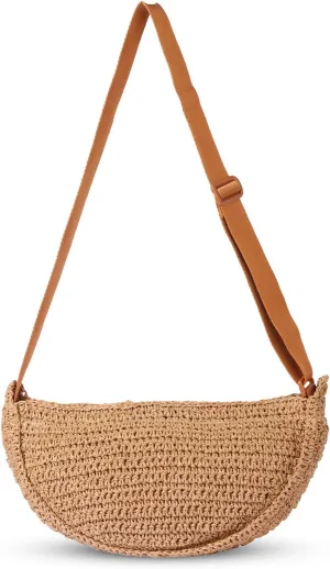 Straw Crossbody Bag Woven Purse for Women – Handmade Crochet Shoulder Bag, Summer BeachBag Vacation Straw Purse,Beige Brown
