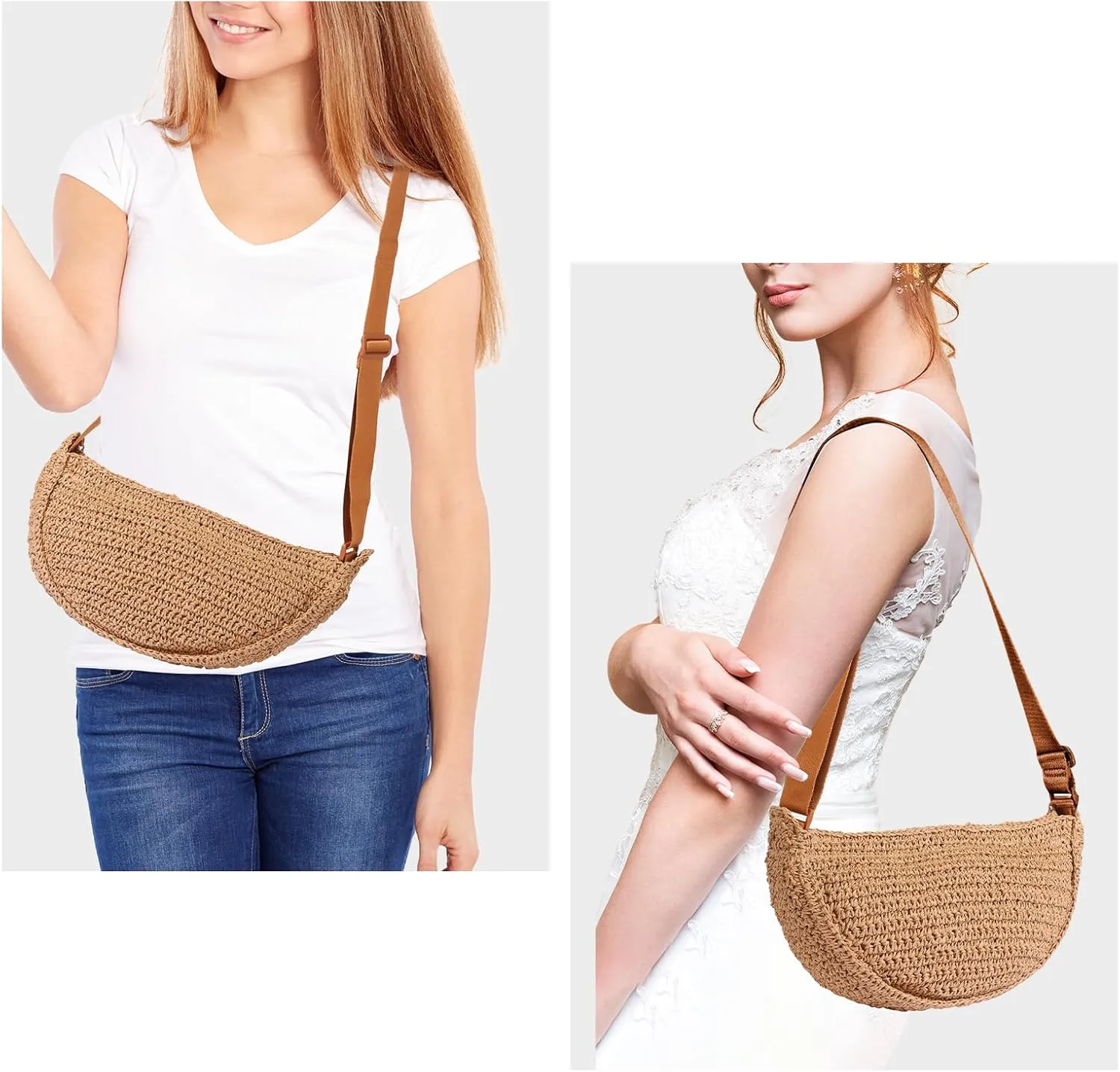 Straw Crossbody Bag Woven Purse for Women – Handmade Crochet Shoulder Bag, Summer BeachBag Vacation Straw Purse,Beige Brown